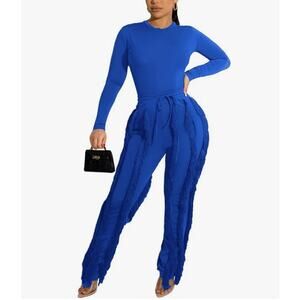 Women's Boho Drawstring Waist Long Fringe Tassel Pants Blue Size S